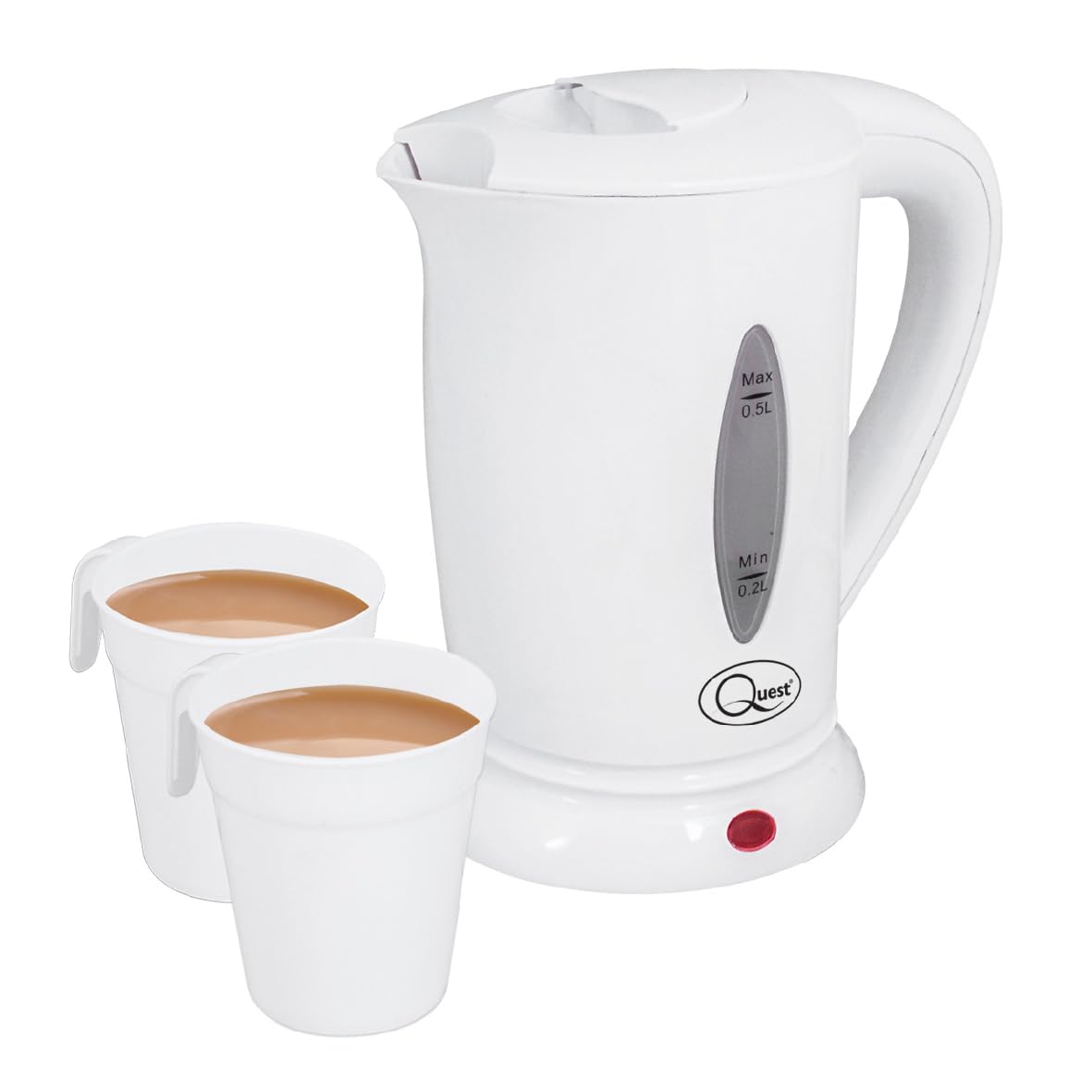 Quest White Compact Travel Kettle, 0.5 Litres, 600 Watt & Dual Voltage for Worldwide Use, Includes 2 Lightweight Cups, Auto Cut-Off Switch, Fits in Bags & Suitcases (35440)