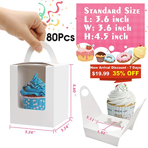 80 Pcs Individual Cupcakes Boxes, Farielyn-X Portable Single White Paper Cupcake Holder Containers Carrier, White Muffin Gift Boxes with Window Inserts Handle, for Wedding Birthday Party Candy Boxes