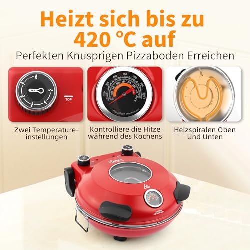 Bild 4 - Pizzaofen elektrisch, 1200W Pizzabäcker in 4-Min-Pizza, 31cm Feuerfeste Pizzastein, Max 420℃ Pizzaofen mit 5 Garstufen, inkl. Pizzaschaber & Pizzaschieber, Rot