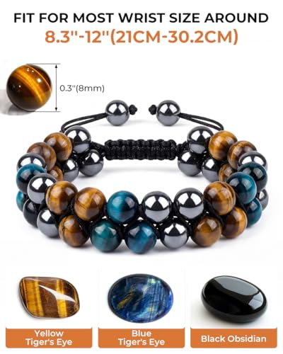 Image of Triple Protection Bracelet - 8mm Tiger Eye, Hematite & Black Obsidian Beads - Handmade Healing Crystal Energy Bracelet for Luck & Anxiety Relief - Adjustable Spiritual Jewelry Gift for Men & Women
