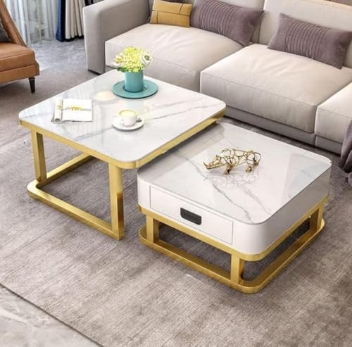 Image of Furniture Cafe Round Coffee Table with White Marble Top and Gold Metal Base - Modern Center Table for Living Room
