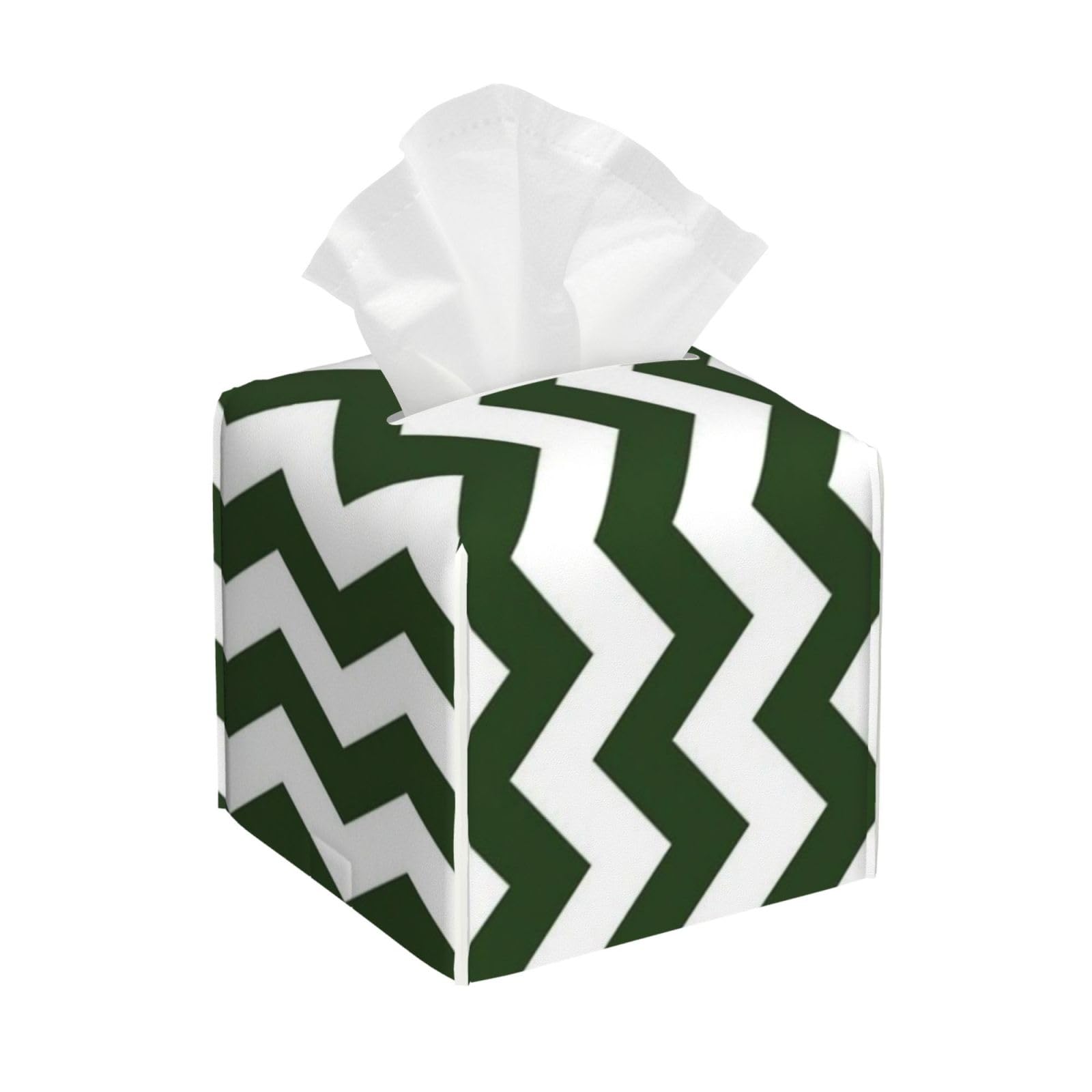 Green and White Chevron Stripe Pattern Tissue Box Cover 5" Square Leather Tissue Holder Facial Tissue Case for Tabletop Bedroom Bathroom Desk Decor