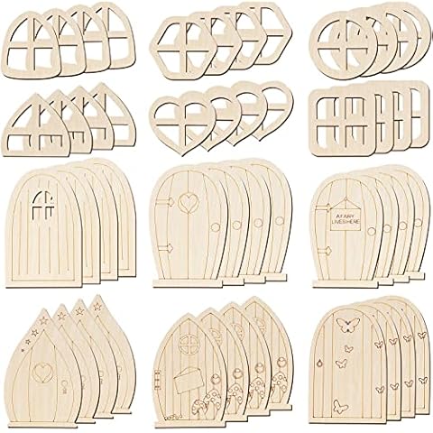 48 Pcs Wooden Fairy Garden Door Fairy Doors DIY Craft Kit Unpainted Mini Blank Door Unfinished Fairy Window for Embellishments Dollhouse Fairy Door for Wall Home Party Decoration (Delicate Style) Cover