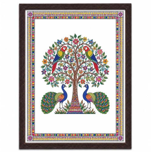 Image of PAPER PAJAMA Madhubani Tree of Life Wall Art for Living Room | Peacock & Parrot Folk Art Painting | Traditional Mithila Framed Decor for Home, Office & Bedroom (10x13 Inches)