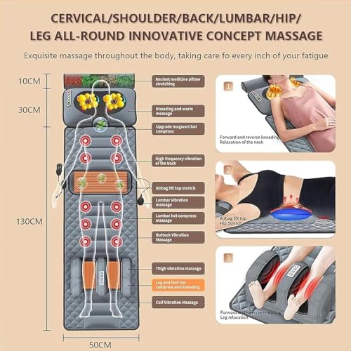 Tappetino per massaggio completo del corpo, materasso vibrante pieghevole con 20 teste, massaggio elettrico riscaldato per alleviare il dolore cervicale e lombare