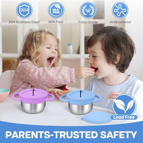 Image of 2-Pack Stainless Steel Snack Cup for Toddlers Spill-Proof, Baby Food Containers with Removable Silicone Lids & Handles | Dishwasher Safe, BPA-Free On-the-Go Kids Snack Containers Box