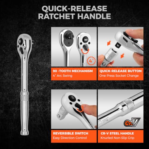 Image of HORUSDY 1 /4 inch Drive 90-Tooth Quick-Release Ratchet Handle with 1 /4 inch to 3 /8 inch Adapter, Reversible Thin Profile Socket Wrench, 4 Swing Arc, Ergonomic Anti-Slip Grip, Ideal for Auto, Bike & Home Repair