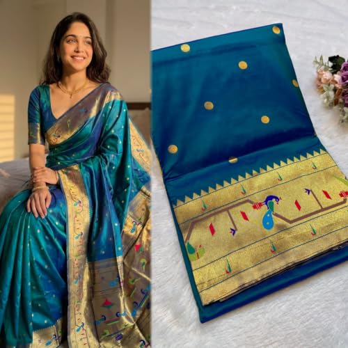 Generic peacock blue paithani silk saree in soft silk – image 2