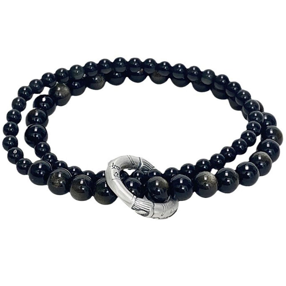 Bracciale in Ossidiana Nera Naturale con distanziatore in Argento Sterling Perline di Cristallo protettive con Accento ad Anello fluttuante, Gioielli Elasticizzati per Uomo e Donna