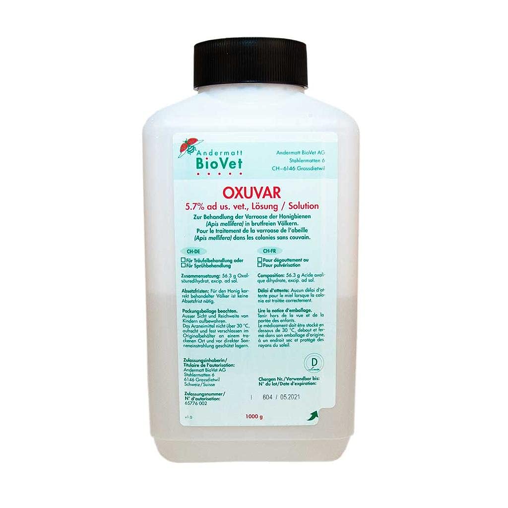 Andermatt BioVet OXUVAR® 5.7 - 1000 g - Oxalsäure zur Varroa Behandlung, Varroamilbe Sommer und/oder als Winterbehandlung 3,0 Oxalsäure-Dihydrat zum Besprühen von Ablegern, Kunstschwärmen brutfre