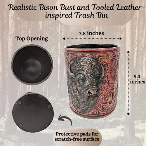 Image of BestGiftEver Faux Tooled Leather Trash Bin with Bison Bust Accent - Southwest Decorative Resin Wastebasket - Ideal for Ranch Farmhouse Enthusiasts