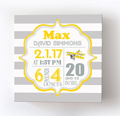 Personalized Stretched Canvas Birth Announcement Gift, Custom Baby Name, Date, Weight Stats, Newborn Airplane Nursery Wall Art Decor, Wooden Frame Construction, Ready to Hang 16X16