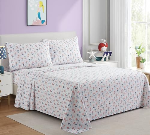 Marina Decoration Kids Girls Toddlers Cute Printed 600 Thread Count Soft Deep Pocket Cotton Blend Percale All Season 4 Pieces Bedding Sheet Set, Cartoon Mermaid Pattern Queen Size