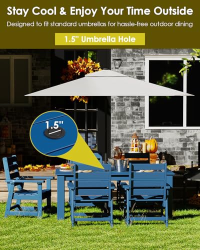 Image of GREENVINES 7-Piece Outdoor Dining Set | HDPE | Patio Table and Chairs Sets for 6 | Patio Furniture | All Weather | Umbrella Hole | Blue| for Backyard Poolside Garden