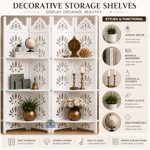 Image of Wooden Room Divider Partition with Display Shelves for Living Room | Foldable 4 Panel Decorative Privacy Screen Separator for Home, Office & Bedroom | (White with Shelves)