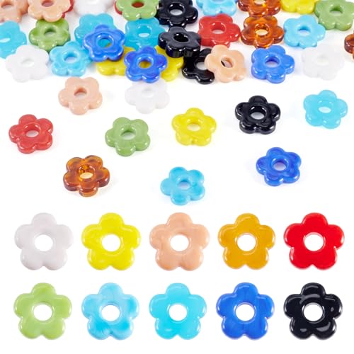 FASHEWELRY Lot de 40 perles en verre soufflé faites à la main en forme de fleur - 10 couleurs - Grand trou - Perles d'espacement en vrac pour la fabrication de bijoux