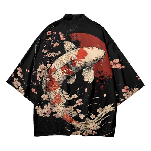 Image of DOSLAVIDA Men's Japanese Kimono Cardigan Suit Chinese Style Printed Jacket Pants Set Open Front Seven Sleeve Top & Shorts