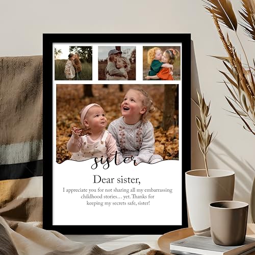 Image of Synthetic Wood Customized Best Gift Wall Mount With 4 Photo Collage Print & Customizable Text For Dear Sister, Gifts Rectangular Frame With Photo Upload For Rakhi (9.2X12.6 Inch),Black