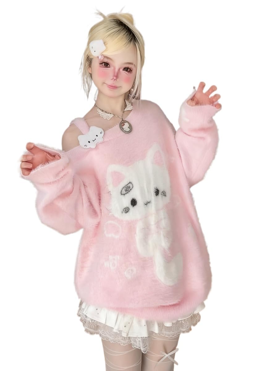 Womens Y2k Kawaii Cat Graphic Off-Shoulder Strap Knitted Sweater Harajuku Coquette Fuzzy Baggy Casual Pullover Top