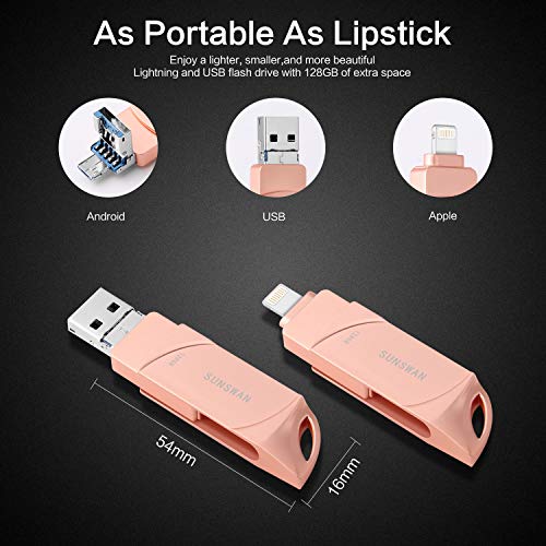 USB Flash Drive 128GB for iPhone Photo Stick iOS Flash Drive for iPad Thumb Drive Memory Stick External Drive 3 in1 USB Stick Sunswan for iPhone iPad iOS MacBook Android and Computer(Pink128G-DK) - Thumbnail 2
