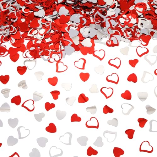 1000 Pcs Red and Silver Heart Shaped Confetti Valentines Love Hearts Table Scatters Confetti fo Valentines Day Wedding Decoration Supplies