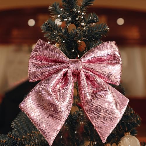 Large Sequin Bow Tree Topper, 12''x10'' Pink Glitter Bow Christmas Ornaments, Decorative Bow for Christmas Tree Wreath Garland Fireplace Holiday Valentine's Day DIY Crafts (Pink)