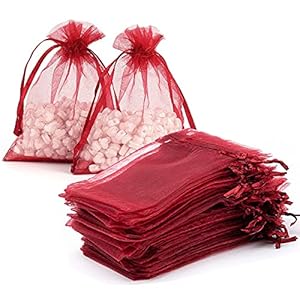 Packs of 100 Gift Organza Bags Burgundy Drawstring 5×7 Inch for Baby Shower,Christmas,Birthday,Party Favors,Wedding,College Graduation Sheer Mesh Fabric Wrap Recycled Sachet for Jewelry,Card