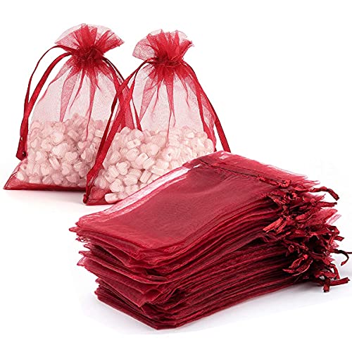 Packs-of-100-Gift-Organza-Bags-Burgundy-Drawstring-5x7-Inch-for-Baby-ShowerChristmasBirthdayParty-FavorsWeddingCollege-Graduation-Sheer-Mesh-Fabric-Wrap-Recycled-Sachet-for-JewelryCard