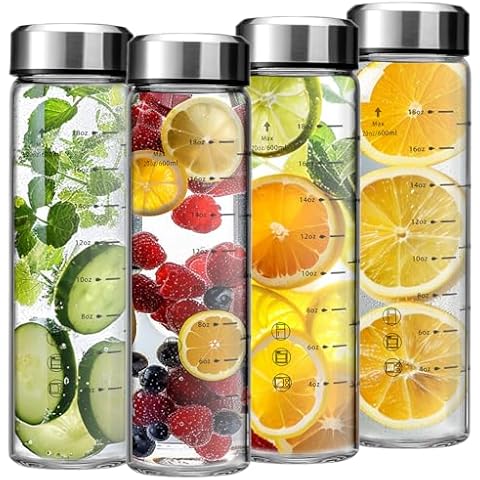 SIEROZUR Glass Juice Bottles 20oz- 4 Pack Wide Mouth Glass Bottles with Lids for Juicing Smoothies, Infused Water, Beverage Storage - BPA Free, Leakproof, Reusable, Borosilicate Cover