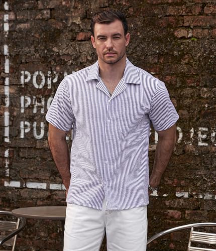 Image of VATPAVE Mens Striped Summer Shirt Casual Button Down Short Sleeve Beach Shirts Cotton Shirts for Men