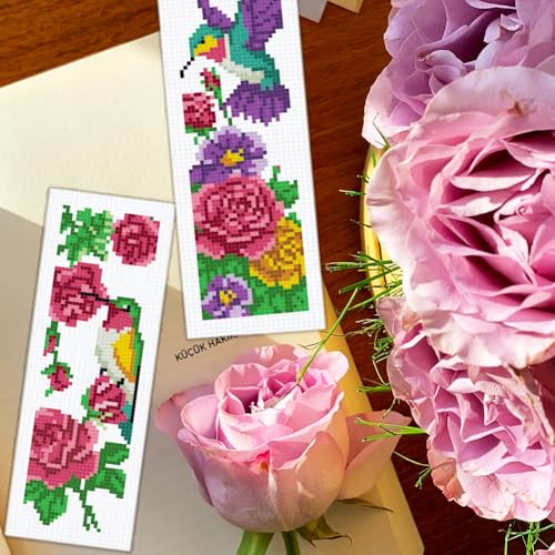 Image of BEUNITONE 6 Pcs Cross Stitch Bookmark Kit for Beginner Vintage Flower Hand Embroidery Kit with Instruction Hummingbird Stamped Embroidery Bookmarks Handmade for DIY Crafts Book Lovers 8.5''x3''