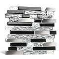 Blujellyfish Glass Metal Tiles Art Mosaic Silk Black Crystal Glass Chrome Silver Steel Accent Wall Border Kitchen Bath Backsplash Tile TSTNB12 (5 Square Feet)