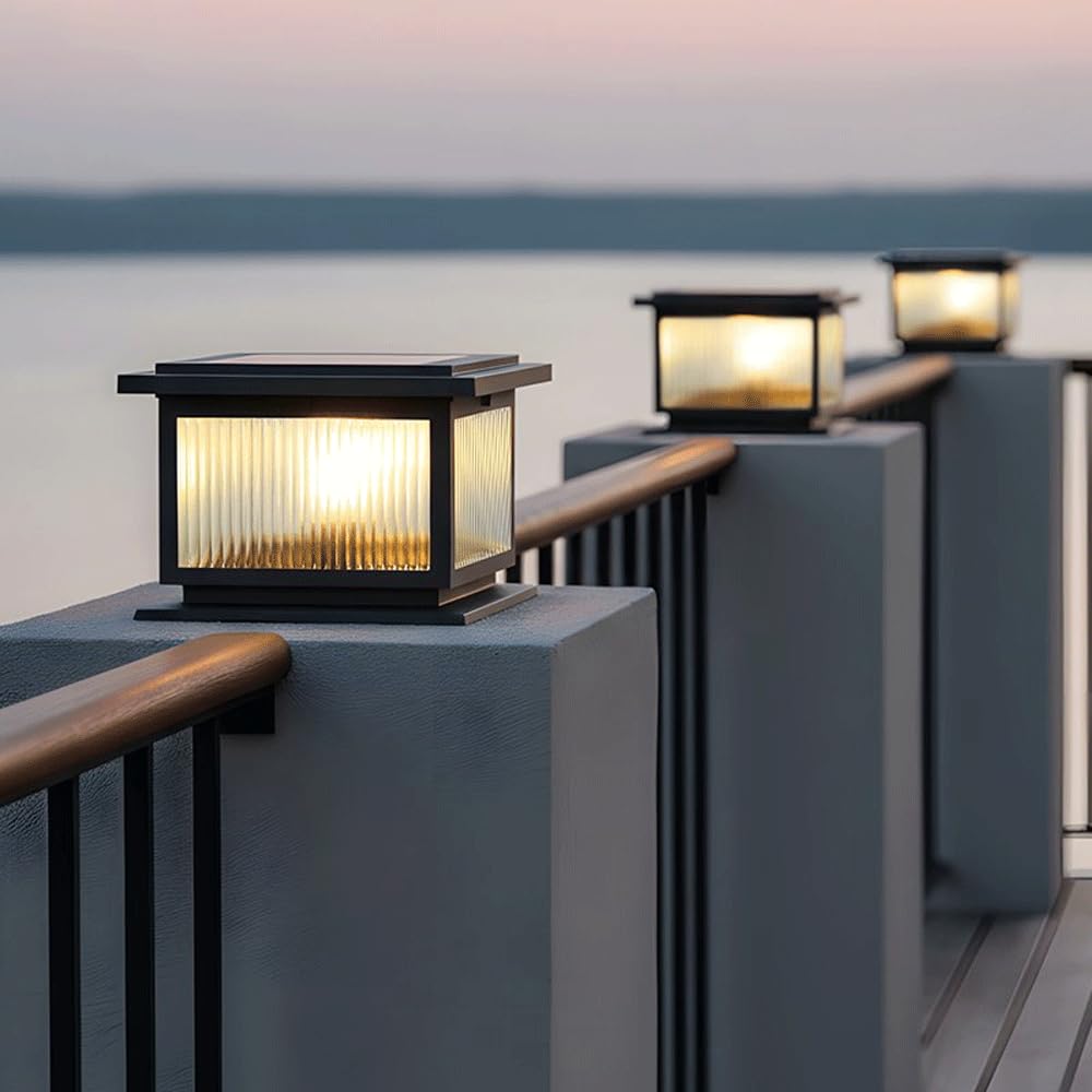 Solarne lampy słupkowe, zewnętrzna, wodoodporna, odlewana aluminiowa lampa kwadratowa z podstawą do montażu na molo, czarna latarnia tarasowa do ogrodu, na podwórko
