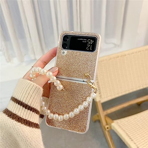 Étui Galaxy Z Flip 4 or scintillant idée cadeau femme avec bracelet perles et lanière chic