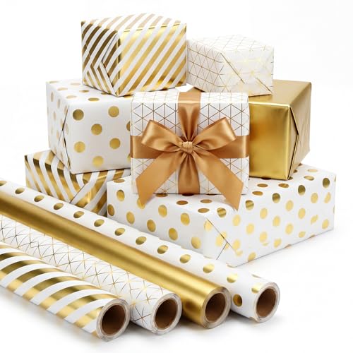 woric Gold Wrapping Paper Rolls Gold Foil Birthday Wrapping Paper with Stripe Polka Dot Diamond-Shaped Grid Design for Birthday Wedding Baby Shower - 4 Rolls - 17 x 120 In Per Roll