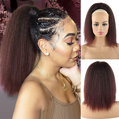 LEOSA Kinky Straight Ponytail for Women Ombre Drawstring Ponytail Extension Synthetic Burgundy Pony tails Hair Extensions Short Yaki Ponytail Drawstring Clip on Ponytails for Women