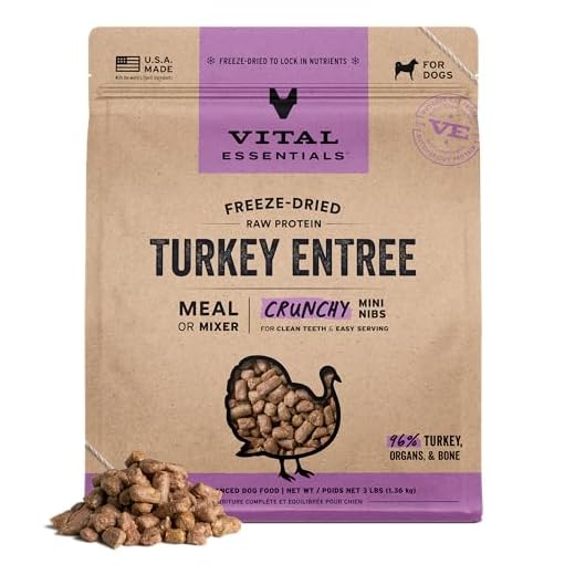 Vital Essentials Freeze Dried Dog Food, Raw Turkey Crunchy Mini Nibs | Complete Meal or Mixer | High Protein, Low Carb, Grain Free, Dry Dog Food | 3 lb Big Bag