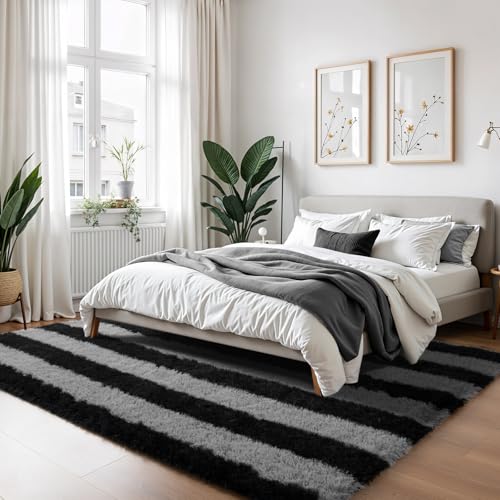 Zentavio Area Rugs for Living Room Large Rugs for Bedroom 5x8 Carpet Fluffy Fuzzy Soft Shag Aesthetic Plush High Pile Gray Throw Rug for Nursery Kids Room Dorm Horizontal Stripes Black Grey