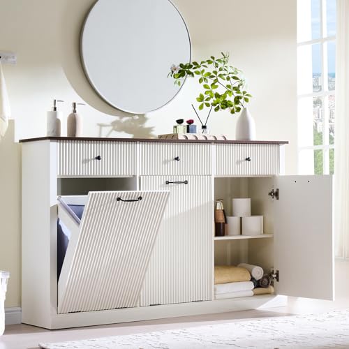 Image of IFBUY Triple Tilt Out Laundry Hamper Cabinet, Modern Fluted Trash Can Cabinet w /3 Drawers, 20 Gallon Hidden Garbage Can Cabinet w /Laundry Basket & Adjustable Shelf for Bathroom,Kitchen, Antique White