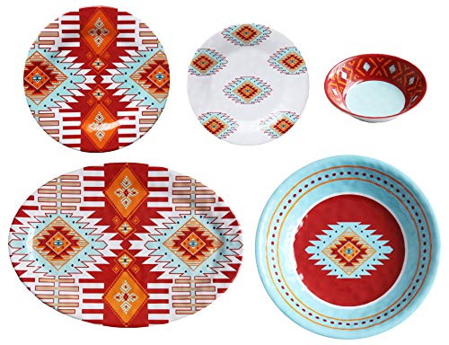 Image of Paseo Road Southwest 14 Piece Melamine Plastic Dinnerware Set with Plates, Bowls and Serving Platter, Aztec Geometric Pattern, Western Southwestern Rustic Cabin Lodge Style