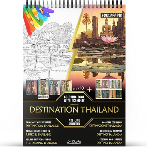 In Textu – Destinazione Thailandia – Libro da colorare per adulti e adolescenti con esempi colorati stimolanti – Carta Premium 200 g/m² – Rilegatura a spirale fine – Taccuino da colorare rilassante
