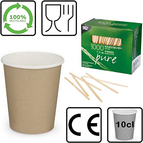 LE PETIT FOURNISSEUR | 1000 Gobelets Carton Brun 10cl + Agitateurs Bois | 100% Recyclable | Boissons Chaudes ou Froides