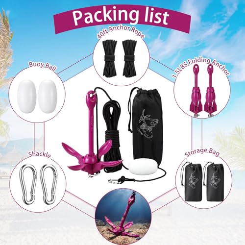 Image of Lounsweer 2 Pack 1.5 /3.5 lb Marine Kayak Anchor Kit Folding Grapnel Anchor Kit Boat Kayak Fishing Accessories for Small Boats Kayaks Canoe Paddle Boards