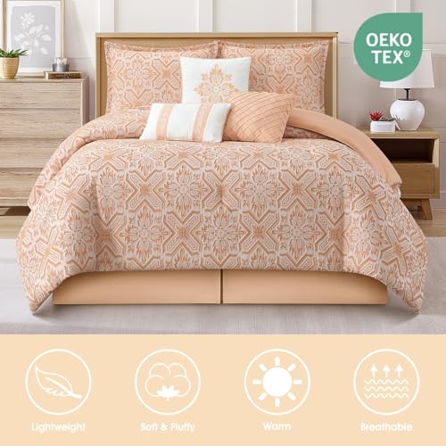 Image of LANCO MODERN LIFESTYLE 7 Pieces Orange Comforter Set, California King, Jacquard with Matching Solid Microfiber Piecework, Snowflake Linear Textures, Includes Bed Skirt, Shams, and Decor Pillows