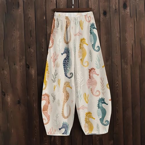 Womens Summer Baggy Marine Life Barrel Wide Leg Casual Loose Flowy Hippie Lantern Trousers with Elastic Waist3
