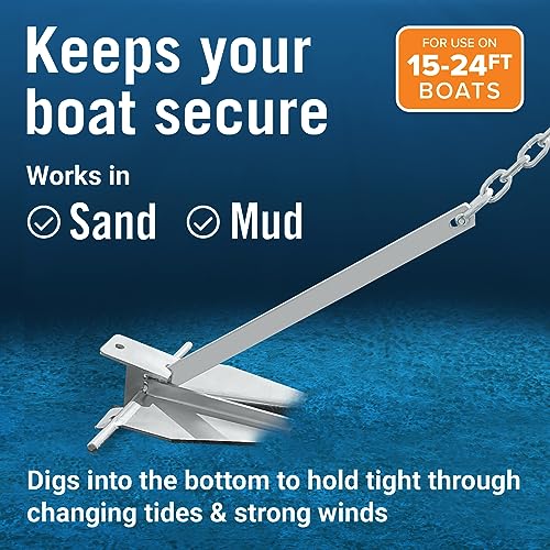 Image of Boat Anchor Kit with Rope and Chain, Heavy Duty Fluke Anchor for Boats | Hot Dip Galvanized Steel, Pontoon Sailboat Fishing Deck, Multiple Sizes, Better Boat