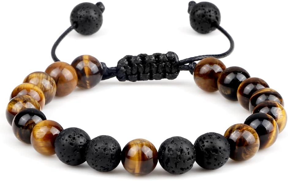 8mm Men Bracelets Black Lava Beads Bracelet Tiger Eye Adjustable Braided Rope Bangles Couple Distance Women Yoga Jewelry,Blue Tiger Eye Set