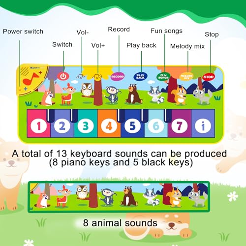 SneiDr Klaviermatte Musikmatte Kinder ab 1 Jahr mit 8 Tieren 13 Tasten 10 Melodien 80x30cm Rutschfester Stoff Ungiftig Baby Musikspielzeug mit Armband für Geschenk Kleinkinder Weihnachten Geburtstag