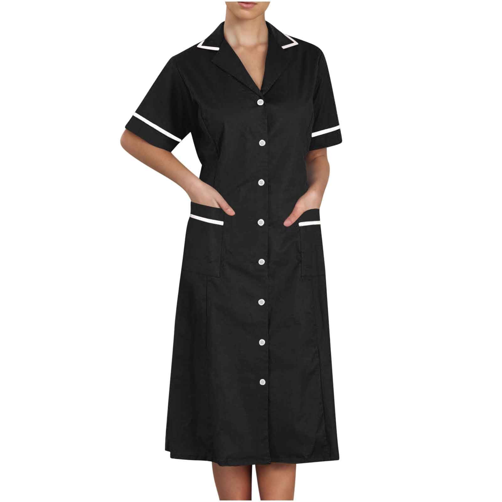 Womens Short Sleeve Work Dress Lapel Button Front Nursing Workwear Casual Housekeeping Scrubs Dress with Pockets