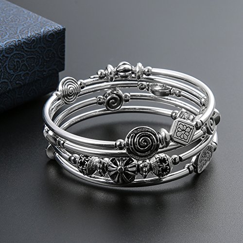 Beaded Pearl Bangle Wrap Bracelet - Fashion Bohemian Jewelry Multilayer Charm Bracelet with Thick Silver Metal Beads, Gift For Women4